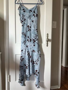 Y2K Sleeveless Slip Dress Hanker-chief Hem Light Blue and Brown Floral Pattern